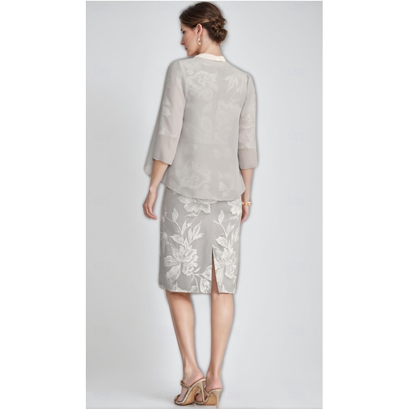 Two Piece Sheath / Column Mother of the Bride Dress Elegant Vintage V Neck Tea Length Chiffon Floral Lace Applique 3/4 Length Sleeve With Ruffled Jacket Race Day Dress2