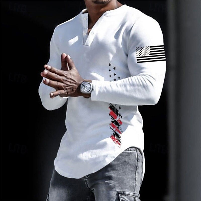 Men's Graphic USA National Flag Henley Shirt Long Sleeve 3D Print Fashion Daily Casual Casual Holiday Going out Spring &  Fall Black White Yellow Gray Henley Henley T-Shirt