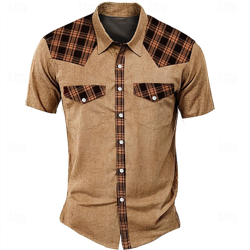 Men's Geometic Western Shirt Short Sleeve Western Sports Outdoor Summer Turndown Button Up 2 Pockets Black Beige