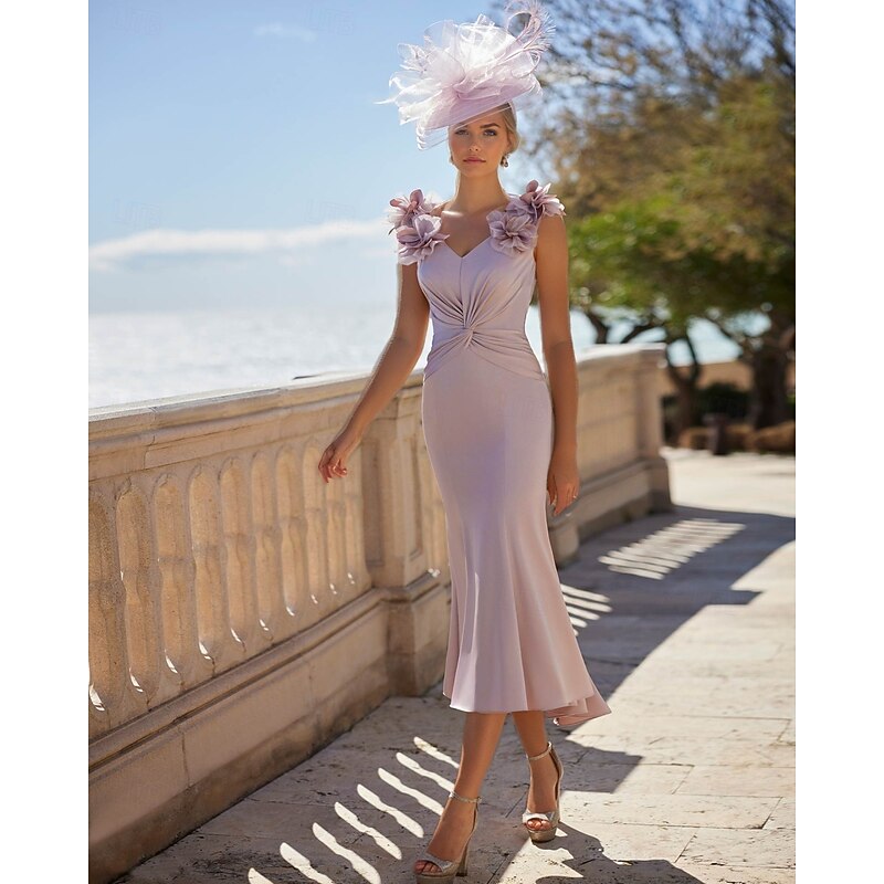 Mermaid / Trumpet Cocktail Dresses Elegant Dress Formal Wedding Asymmetrical Sleeveless V Neck Pocket Stretch Crepe with Appliques Dresses2