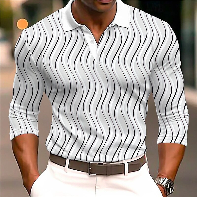 Men's Geometric Polo Shirts Golf Shirt Long Sleeve Polo Shirts Collared Shirts Business Casual WorkWear Formal Wear Festival Wear 3D Print Buttons Fall & Winter Black White