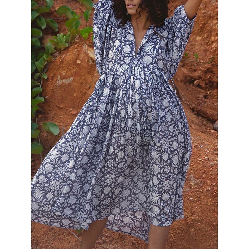Women's Midi Dress Casual Dress Stylish Casual Vacation Daily Regular Fit Floral 3/4 Length Sleeve Crew Neck Navy Blue Blue Spring Fall4