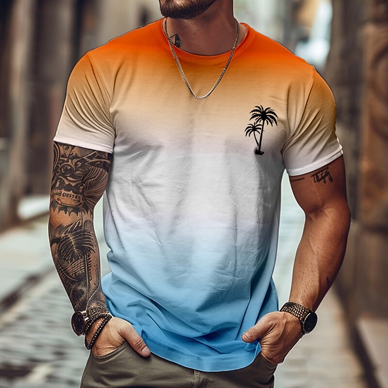 Men's Ombre Coconut Palm T Shirt Short Sleeve T shirt 3D Print Crew Neck Shirt Tropical Hawaiian Vacation Street Daily Blue Purple Green Summer Spring Clothing Apparel S M L XL XXL XXXL