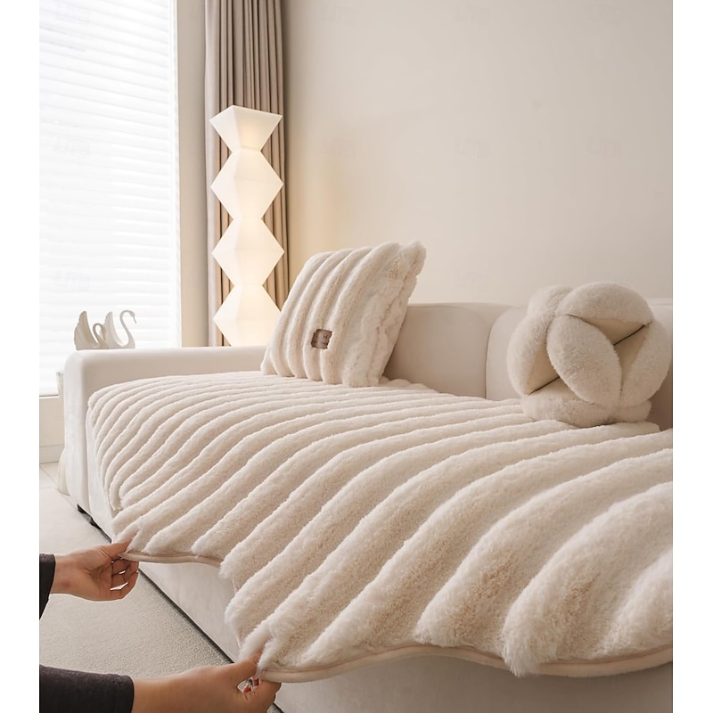 Plush Anti-Scratch Couch Cover Furry Fluffy Cushion Cover Thick Cozy Warm Non-Slip Sofa Slipcovers Irregular Shape Vertical Stripe Furniture Protector for Dogs4