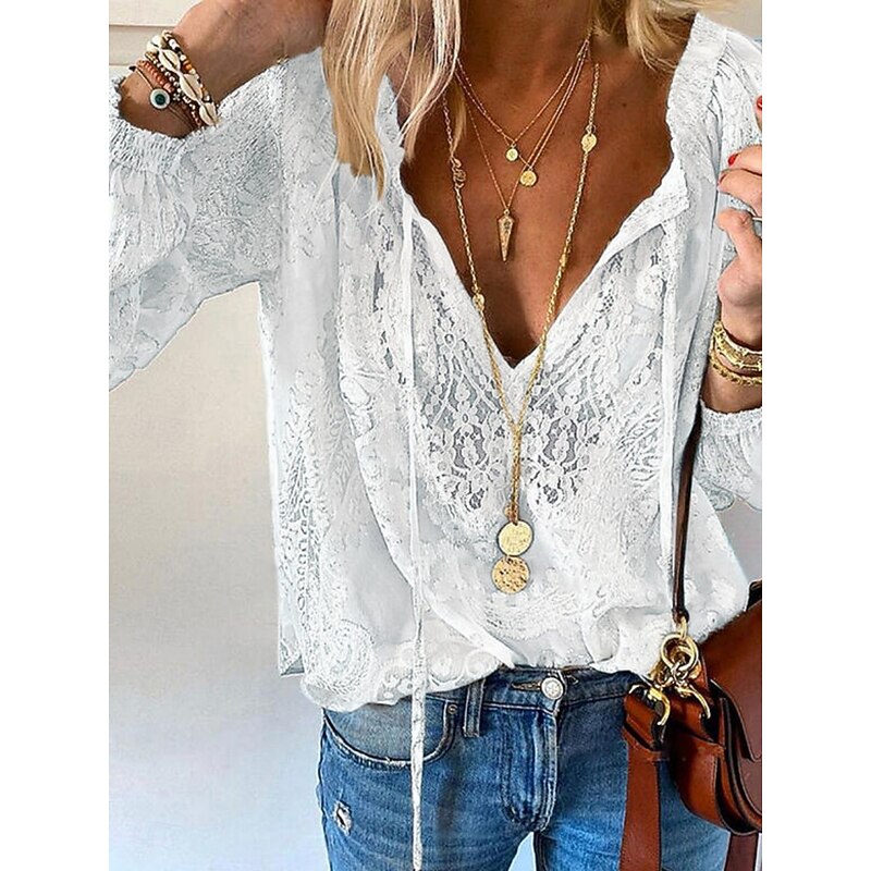Women's Shirt Boho Shirt Blouse Solid Color Stylish Casual Long Sleeve V Neck Regular Tops Daily Lace Patchwork Black White Pink Beige Summer Spring