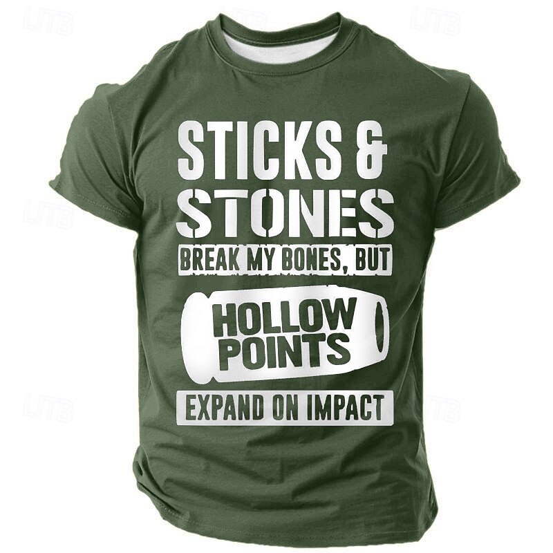 Men's Graphic T-Shirt: Sticks & Stones Hollow Points Quote - Dark Humor Lifestyle Tee3
