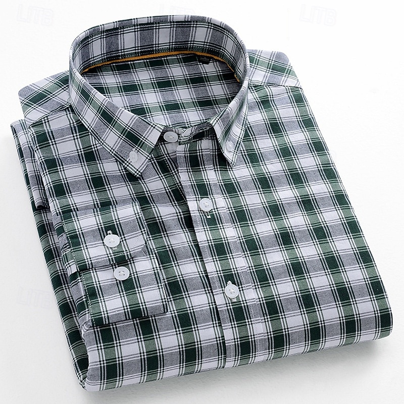 Men's Dress Shirt Oxford Shirt Plaid Formal Light Blue Navy blue+white Navy Blue Green Long Sleeve Shirt Collar Spring, Fall, Winter, Summer Clothing Apparel Buttons2