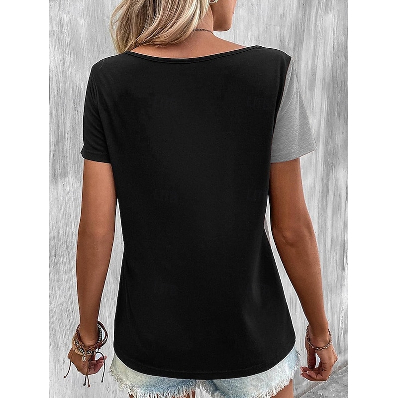 Women's T Shirt Casual Short Sleeve Asymmetric Neck Regular Tops Daily Buttons Black and White Black and gray Summer2