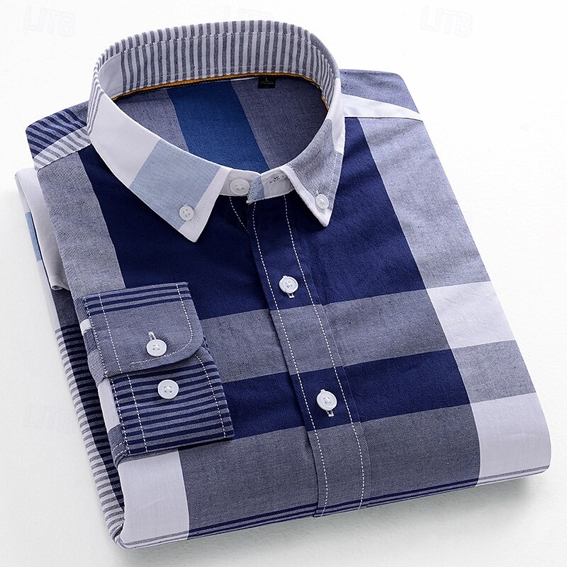 Men's Dress Shirt Oxford Shirt Plaid Formal Light Blue Navy blue+white Navy Blue Green Long Sleeve Shirt Collar Spring, Fall, Winter, Summer Clothing Apparel Buttons