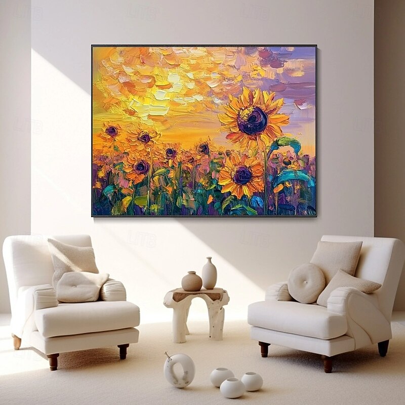 Large Sun Flower Landscape Oil Painting On CanvasPastel Floral PaintingSpring SunFlower Scenery PaintingLarge Wall Art Living Room Decor2