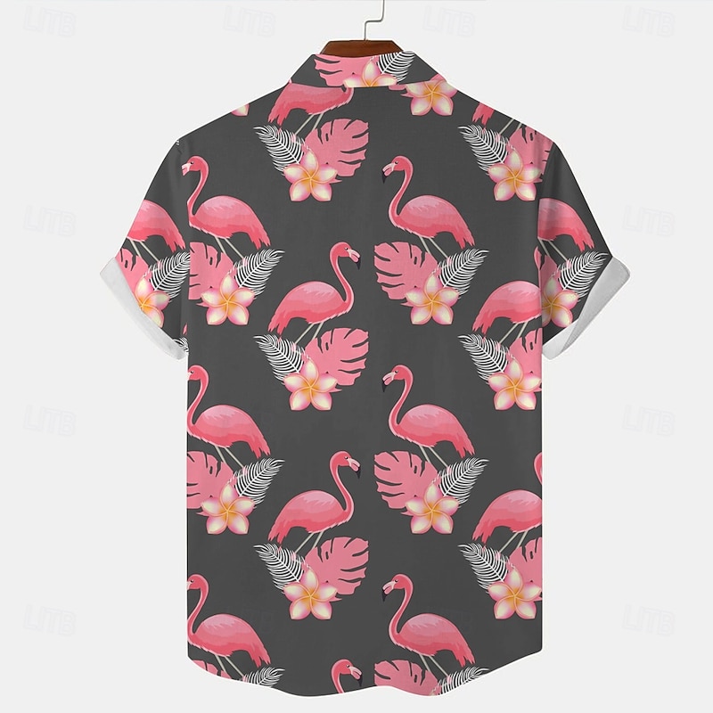 Men's Flamingo Beach Shirt Aloha Shirt Short Sleeve Hawaiian Vacation Summer Spring Turndown Button Up Black Gray3