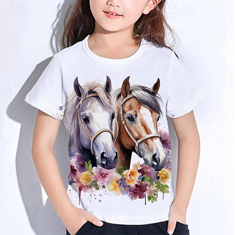 Girls' 3D Graphic Animal Horse T shirt Tee Short Sleeve Summer Spring Fashion Basic Kids 4-12 Years Crew Neck Outdoor Casual Daily Regular Fit2