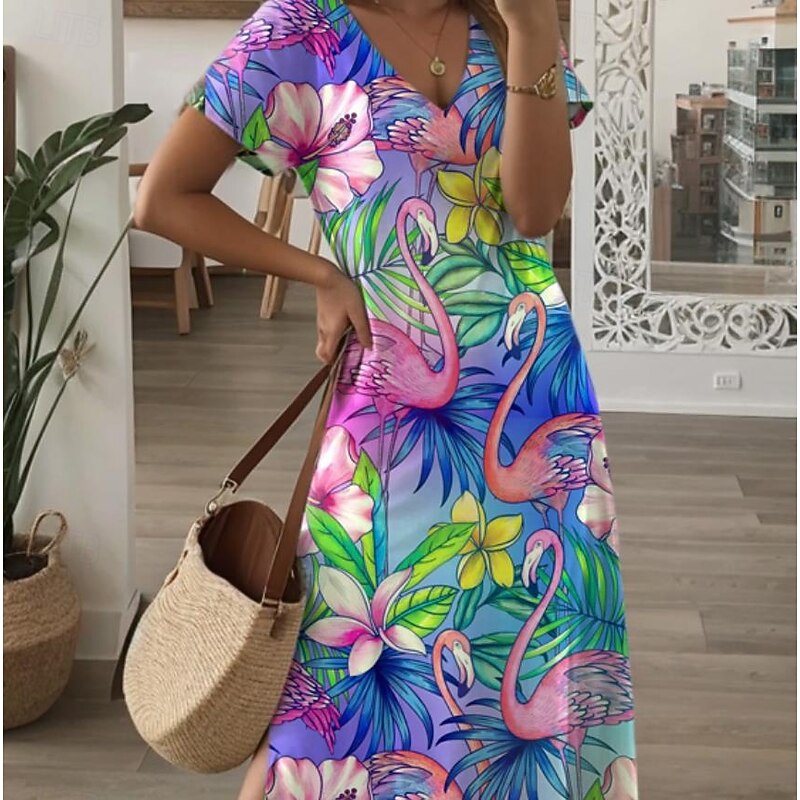 Women's Maxi Dress Casual Dress Sundress Shift Dress Stylish Casual Drop Shoulder Vacation Daily Regular Fit Floral Short Sleeve V Neck Purple Green Spring Fall4