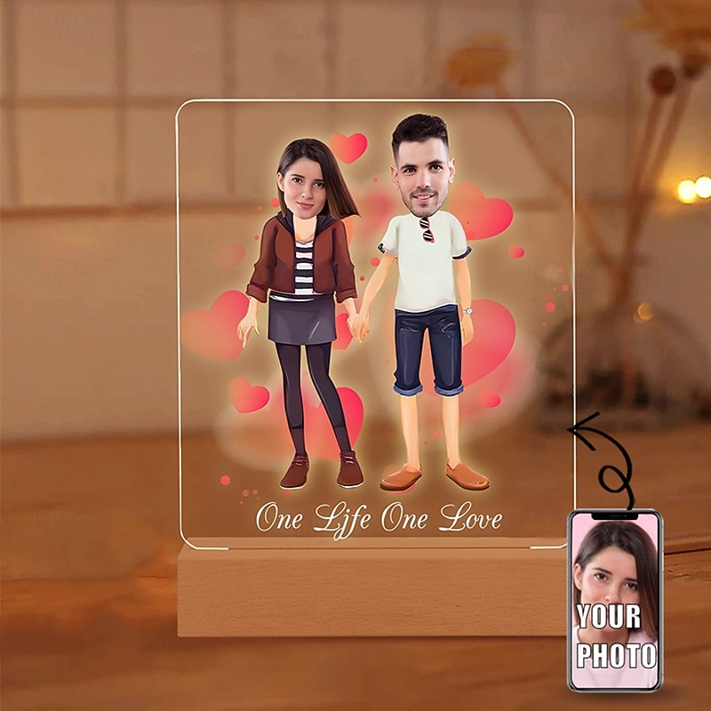 Personalized Acrylic Night Light - Customized Couple Holding Hands Design with Big Head Photos Perfect Gift for Lovers Wedding Anniversary 1pc