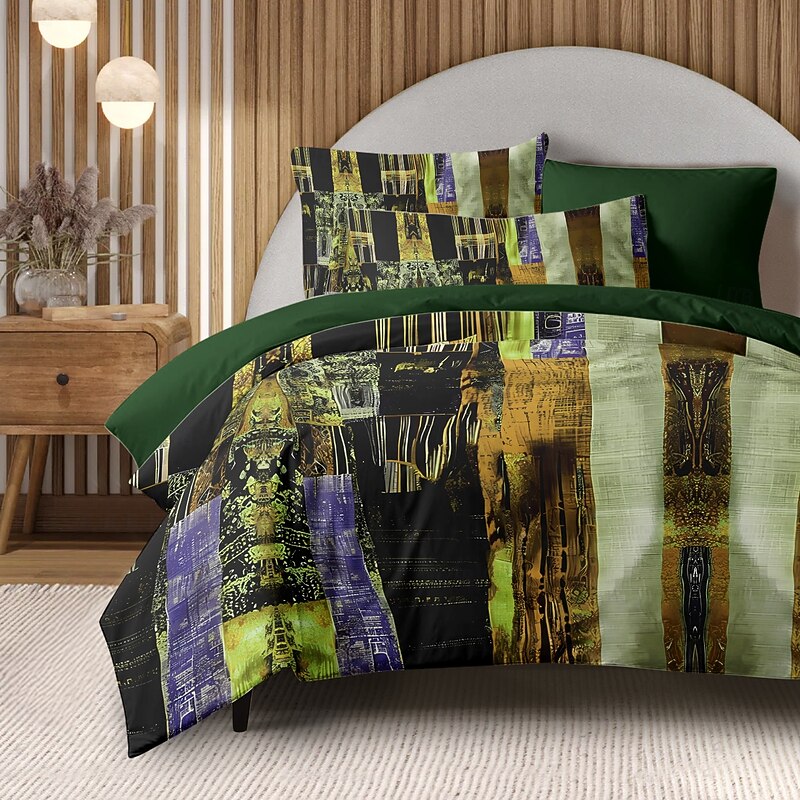 Color Block Patchwork Duvet Cover Set Modern Geometric Bedding Vibrant Multicolor Design Soft Durable Microfiber Quilt Cover with Pillowcases4