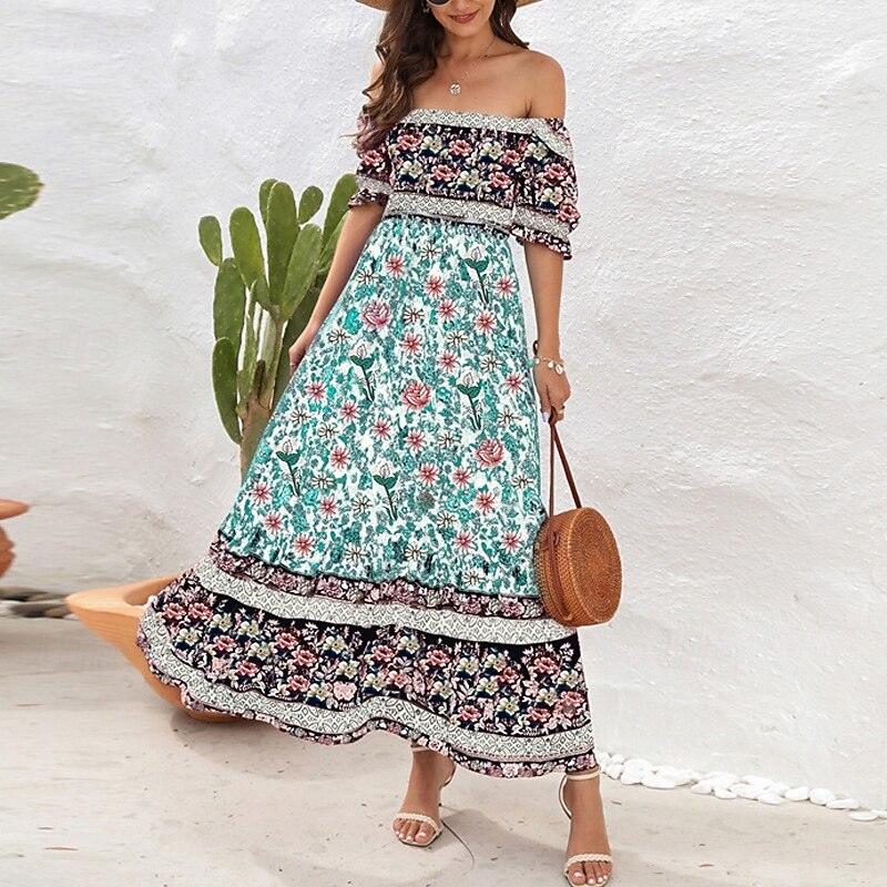 Women's Long Dress Maxi Dress Casual Dress A Line Dress Summer Dress Boho Dress Elegant Stylish Ethnic Vacation Daily Date Regular Fit Floral Short Sleeve Off Shoulder Light Green Red Blue Green2
