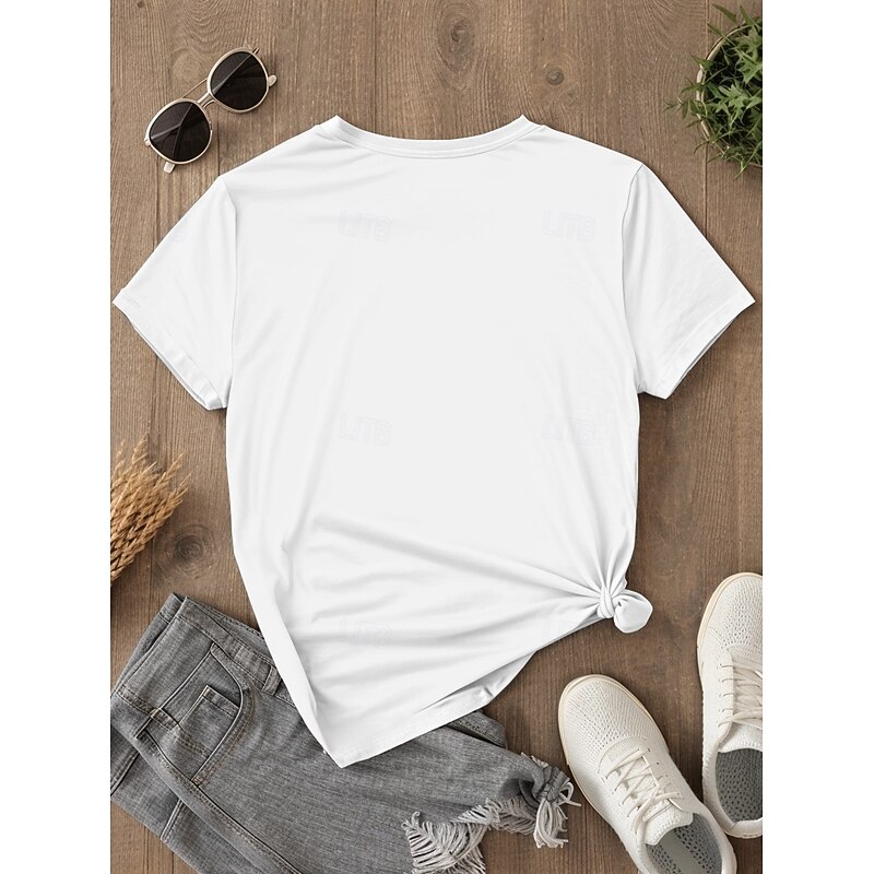 Women's T Shirt Animal Geometric Cat Casual Short Sleeve Crew Neck Regular Tops Daily Buttons Print Asymmetrical Black and White Summer Spring2