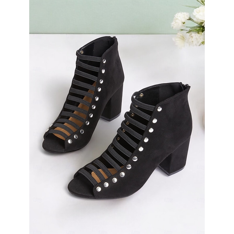 Women's Black Strappy Block Heel Sandals with Studded Details – Trendy Peep-Toe Design for Office and Parties Wear4