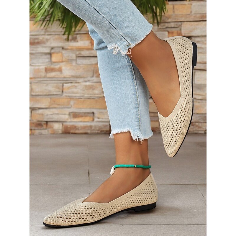 Women's Beige Slip-On Fly-knit Flats with Breathable Mesh Design, Lightweight Sole, and Comfortable Fit for Casual Summer Wear and Daily Outfits4