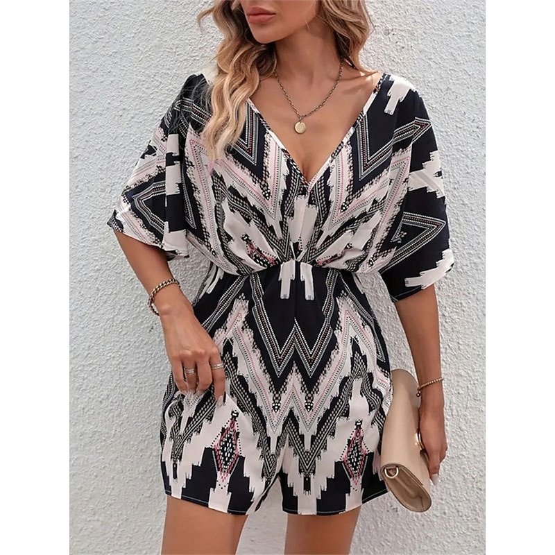 Women's Normal Romper Active Geometric Short Sleeve V Neck High Waist Print Vacation Daily Regular Fit Black Summer