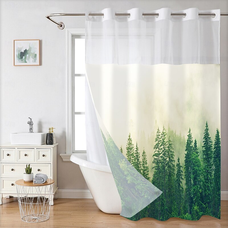 Forest Waffle-Weave Textured Shower Curtain Set with Snap-in Liner and Sheer Window Water-Repellent Polyester, Grommet Top, 120GSM Hotel Quality Spa Style Bathroom Partition No Hooks Required4