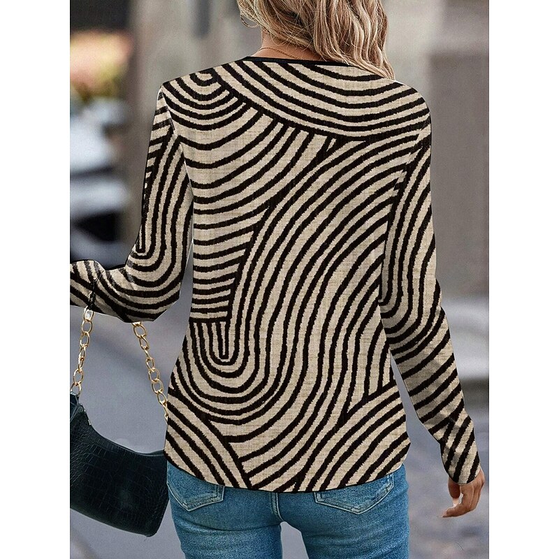 Women's T shirt Long Sleeve Geometric Casual Long Sleeve Notched Neck Regular Tops Daily Print Brown Spring Fall Prefall3