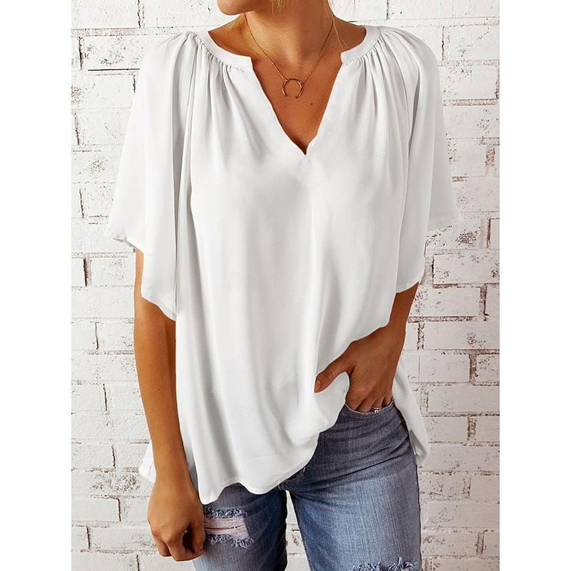 Women's T Shirt Plain Fashion Modern Casual Half Sleeve Notched Neck Regular Tops Daily Weekend White Green Summer