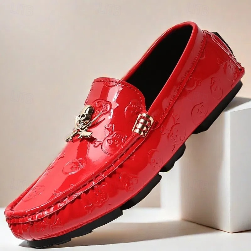 Men's Red Skull Embossed Patent Loafers  Slip-On Shoes with Metal Skull Accent, Gothic Style for Parties and Casual Wear