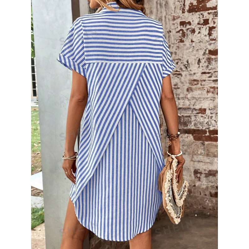 Women's Mini Dress Shirt Dress Casual Dress Stylish Casual Vacation Daily Regular Fit Stripe Short Sleeve Shirt Collar Black Royal Blue Summer2