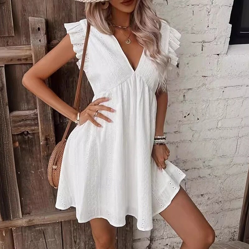 Women's Mini Dress Linen-Inspired Dresses White Dress Stylish Sexy Vacation Daily Date Regular Fit Plain Sleeveless V Neck White Summer Spring4