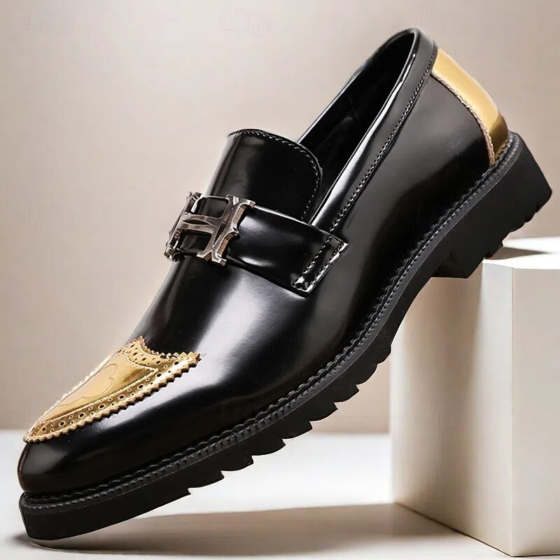 Men's Black and Gold Slip-On Loafers with Decorative Buckle and Brogue Detailing – Stylish Formal Shoes for Office and Special Occasions