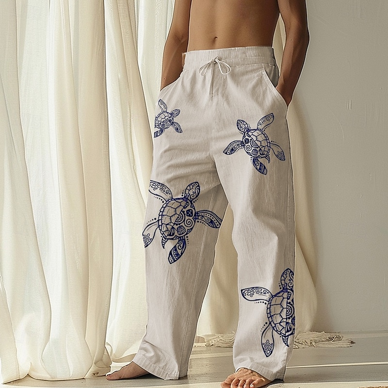 Men's Turtle Sea Creatures Linen Pants Trousers Baggy Pants Mid Waist Hawaiian Casual Vacation Streetwear Beach Wear Drawstring Elastic Waist Wide Leg Graphic Print Beige