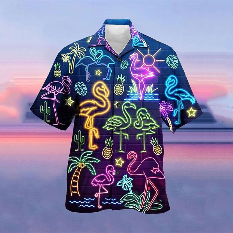 Men's Fluorescent Shirt Summer Hawaiian Shirt Camp Collar Shirt Short Sleeve Shirt Turndown Street Casual 3D Print Yellow Red Light Purple Purple Green 3D Clothing Apparel Fashion Hawaiian Designer