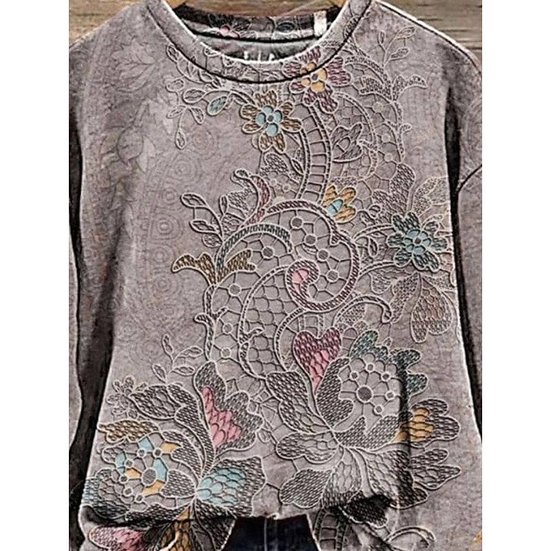 Women's Hoodies Floral Casual Long Sleeve Round Neck Regular Tops Work Dailywear Casual Print Gray Fall Winter3