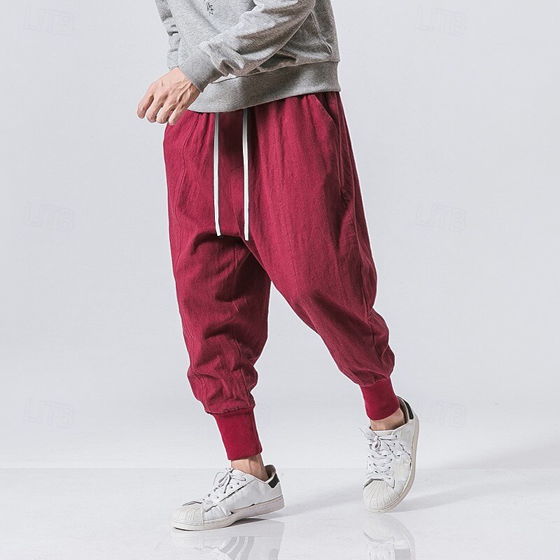 Men's Joggers Linen Pants Trousers Summer Pants Beach Pants Drawstring Pocket Baggy Plain Breathable Sports Daily Holiday Chinoiserie Hippie Black Navy Blue