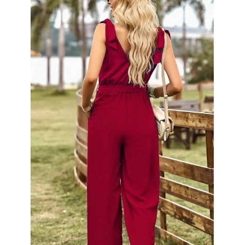 Women's Normal Jumpsuit Active Solid Color Sleeveless V Neck Lace up Pocket Vacation Daily Regular Fit Black Wine Summer2