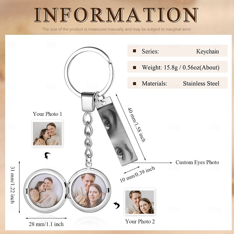 Personalized Keychain with Round & Rectangle Pendants Custom Best Gift for Mom - Stainless Steel Engraved with 2 Photos and Eye Picture, Perfect Wedding Gift for Couple2