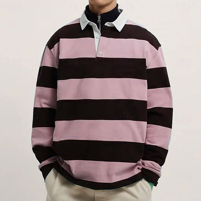 Men's Stripes Rugby Polo Long Sleeve Polo Shirts Collared Shirts Casual Outdoor Athleisure 3D Print Spring Fall Winter Pink Blue Purple4