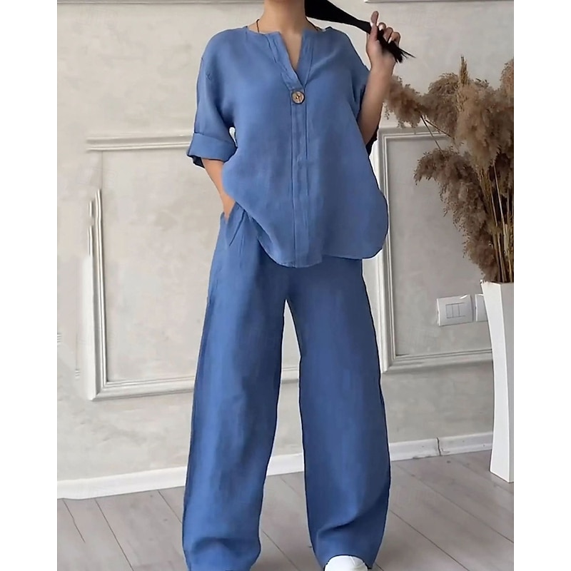 Women's Fashion Streetwear Shirt Cotton Linen Sets Two Piece Sets Linen Pants Pants Trousers Set Long Sleeve V Neck Solid Color Drawstring Daily Wear Date Black White Pink Spring Regular Fit4