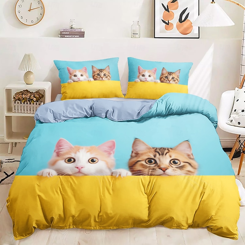 100% Cotton Duvet Cover Set Macaron Color Cat Pattern Comforter Set Soft Luxury Bedding Set Home Decor Dusk Bedding Gift King Queen Full Size