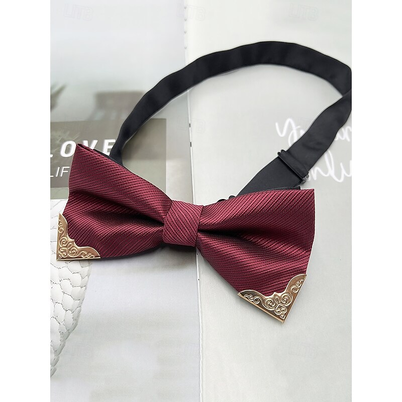 Men's Burgundy Bow Tie Set with Gold-Tipped Design, Pocket Square, and Rose Lapel Pin – Elegant Accessories for Weddings, Parties and Formal Occasions4