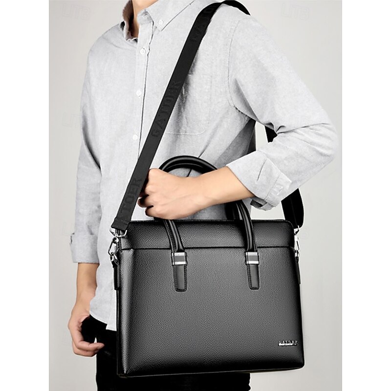 Men's Faux Leather Business Briefcase with Detachable Shoulder Strap – Professional Laptop Bag for Office and Travel Black Brown2