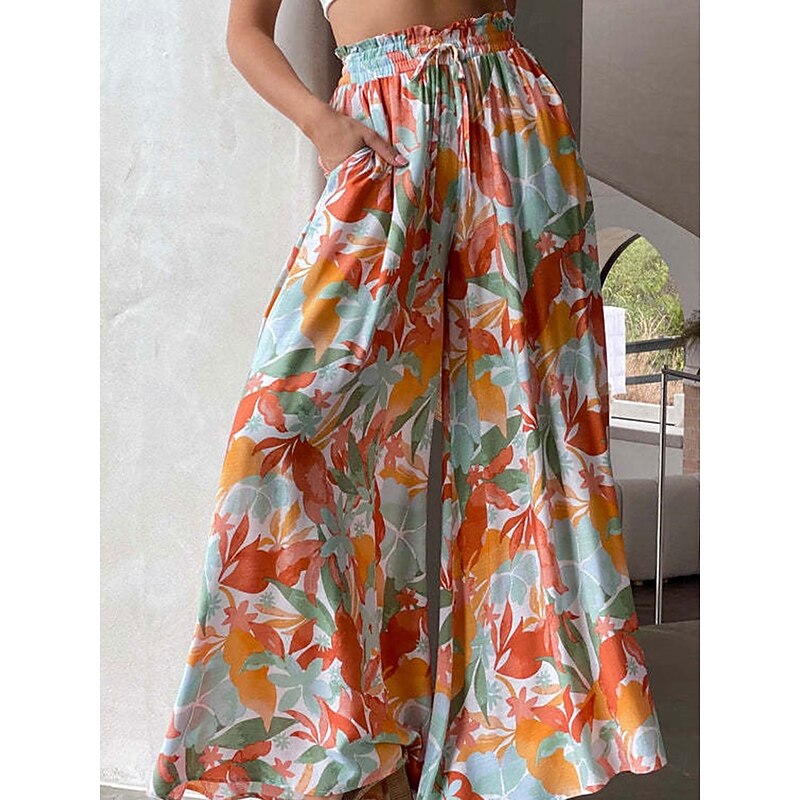 Women's Culottes Wide Leg Chinos Fashion Streetwear Casual Daily Full Length High Waist Plain Pocket Drawstring Comfy Soft Comfortable Micro-elastic Outdoor Vacation Street Forest Green Orange Summer4