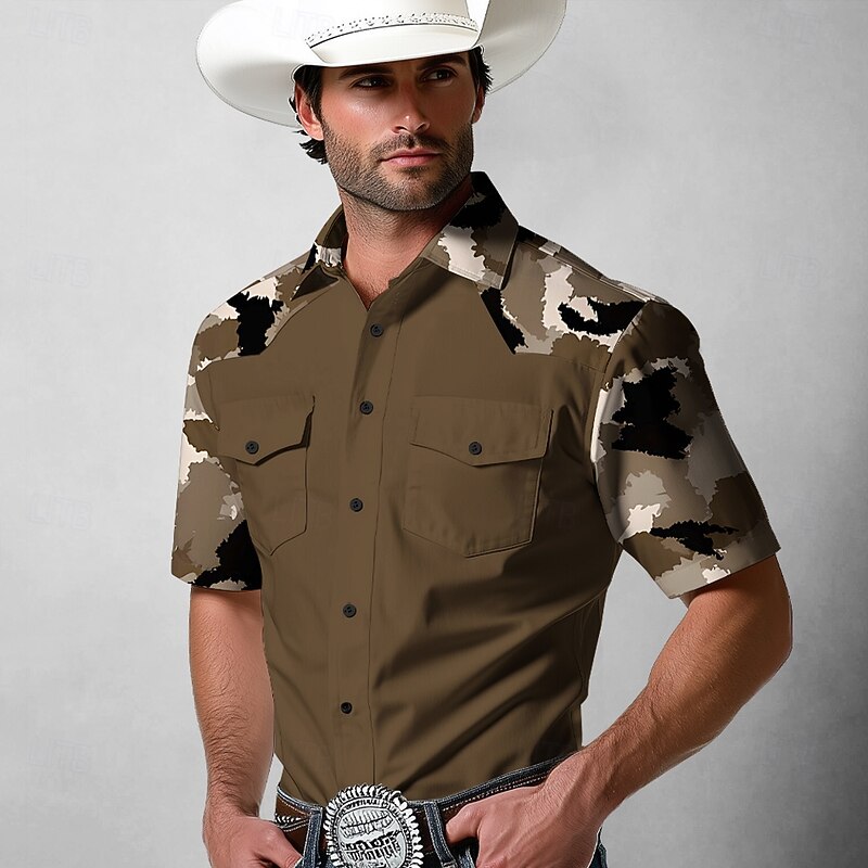 Men's Camouflage Western Shirt Button Up Shirt Cowboy Shirt Long Sleeve Western Vintage Retro Outdoor Casual Spring Fall Turndown Collared Shirts Front Two Pockets Dark Khaki Brown Khaki2