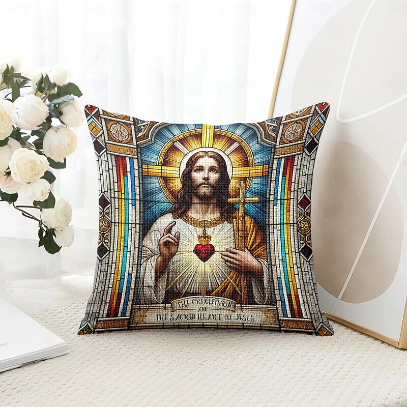 Easter Decorative Toss Pillows Cover 1PC Jesus Stained Glass Effect Soft Square Couch Cushion Case Pillowcase for Bedroom Livingroom Sofa Chair4