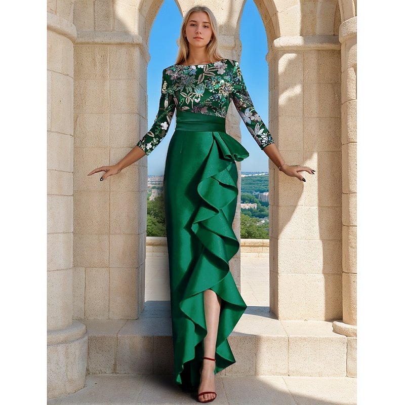 Floral Beaded Evening Gown Elegant Dress Carnival Formal Floor Length 3/4 Length Sleeve Boat Neck Satin with Ruffles Slit4