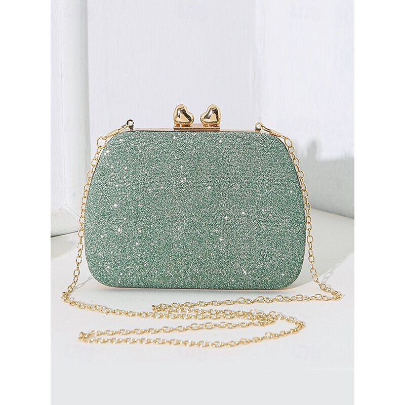 Women's Green Sage Glitter Evening Clutch with Rhinestone Chain – Elegant Handbag for Weddings, Parties and Formal Events Color Silver Black Pink4