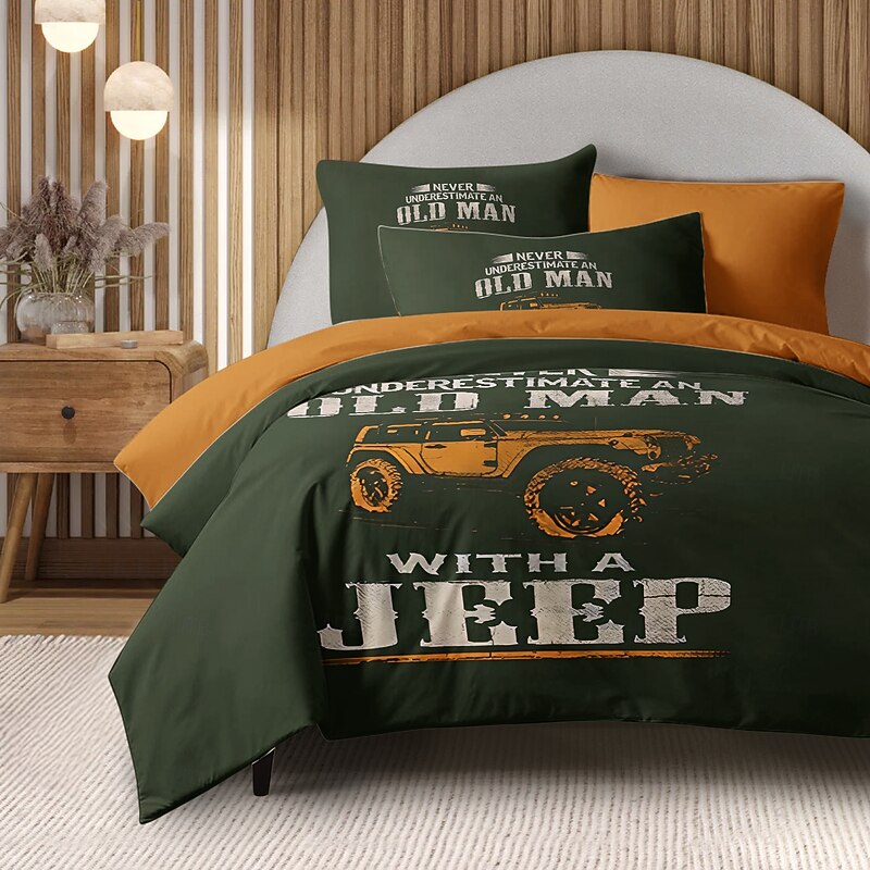 Graphic Car Old Man Duvet Cover Set Vintage Retro Style Soft Durable Microfiber Quilt Cover with Pillowcases Unique Bedroom Decor4