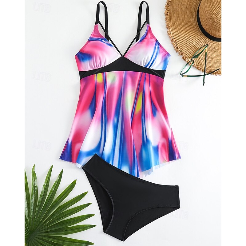Women's Tankini Two Piece Swimsuit V Neck Swimwear Swimwear Black / White White Breathable Quick Dry Lightweight Sleeveless - Swimming Surfing Beach Summer Spring Plus Size2