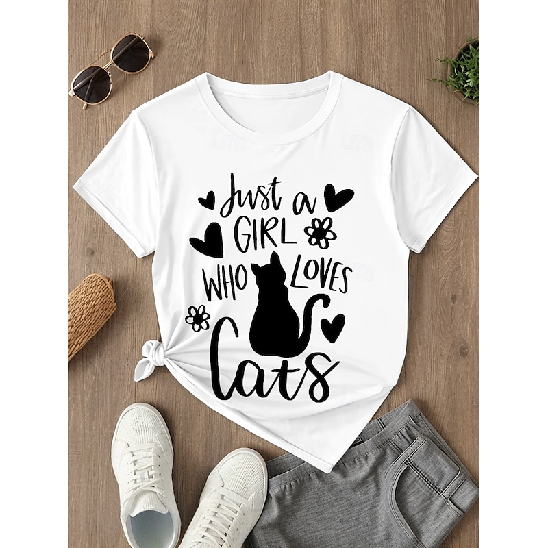 Women's T Shirt Animal Geometric Cat Casual Short Sleeve Crew Neck Regular Tops Daily Buttons Print Asymmetrical Black and White Summer Spring3